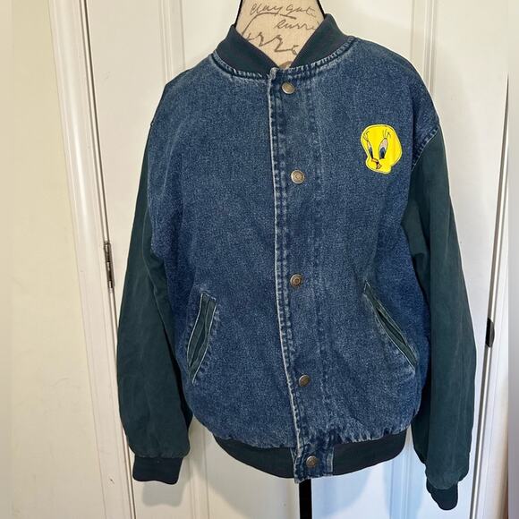 Vtg Looney Tunes Tweety Bird UNISEX Men M Women L/XL Denim Varsity Jacket 90s - Picture 1 of 13